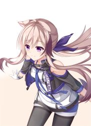 Rule 34 | animal ears, arknights, black pantyhose, blonde hair, blue shorts, cardigan (arknights), denim, denim shorts, dog ears, dog tail, hair between eyes, hair ribbon, highres, leaning forward, multicolored hair, necktie, outstretched arms, pantyhose, ponytail, purple eyes, rhodes island logo (arknights), ribbon, saenoki mizuho, shorts, sidelocks, simple background, smile, solo, spread arms, spread fingers, streaked hair, tail, vest