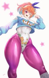 Rule 34 | 1girl, absurdres, covered navel, crop top, earrings, fang, hair ribbon, highres, hololive, hololive english, hoop earrings, jewelry, kivo, leotard, off-shoulder shirt, off shoulder, one eye closed, orange hair, pantyhose, pink pantyhose, purple eyes, ribbon, shirt, simple background, smile, solo, takanashi kiara, takanashi kiara (7th costume), thick thighs, thighs, virtual youtuber, white background