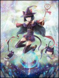 Rule 34 | 2others, :&lt;, androgynous, animal ears, bare shoulders, black legwear, blue eyes, blunt bangs, cape, cat, cat ears, closed eyes, collarbone, ears through headwear, falling, full body, hat, holding, holding weapon, kuroi nyan, kuroinyan, looking at viewer, multicolored eyes, multiple girls, multiple others, other focus, outstretched arms, pixiv fantasia, pixiv fantasia fallen kings, pixiv fantasia new world, red legwear, ribbon, short hair, sparkle, tail, thighhighs, wand, weapon, wide sleeves, witch hat