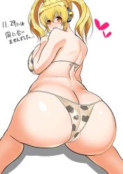 Rule 34 | 1girl, animal print, ass, bikini, blonde hair, blush, breasts, butt crack, cleavage, cow print, headphones, highres, huge ass, huge breasts, kneeling, looking at viewer, looking back, nitroplus, open mouth, orange eyes, plump, solo, standing, super pochaco, swimsuit, thick thighs, thighs, twintails