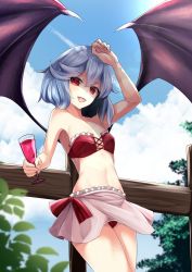 Rule 34 | 1girl, :d, alternate costume, bat wings, bikini, blue hair, blush, breasts, champagne glass, collarbone, cowboy shot, cup, day, drinking glass, hair between eyes, highres, looking at viewer, miniskirt, open mouth, outdoors, red bikini, red eyes, remilia scarlet, sinkai, skirt, small breasts, smile, solo, strapless, strapless bikini, sunlight, swimsuit, touhou, wine glass, wings