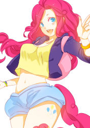 Rule 34 | 1girl, absurdres, backpack, bag, highres, horse tail, jacket, kumo ni notte, midriff, my little pony, my little pony: friendship is magic, navel, personification, pinkie pie, short shorts, shorts, tail