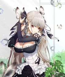 Rule 34 | 1girl, absurdres, azur lane, bare shoulders, between breasts, black dress, black nails, breasts, bubble, bug, butterfly, cleavage, closed mouth, dress, earrings, formidable (azur lane), frilled dress, frills, grey hair, hair ribbon, head tilt, highres, insect, jewelry, large breasts, long hair, long sleeves, looking at viewer, nail polish, red eyes, ribbon, solo, twintails, two-tone dress, two-tone ribbon, very long hair, white butterfly, yamijam