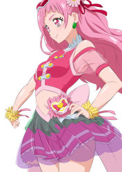 Rule 34 | 1girl, breasts, closed mouth, clover earrings, cowboy shot, crop top, cure yell, eyelashes, floating hair, flower, fuchi (nightmare), hair flower, hair ornament, hair ribbon, hand on own hip, heart, heart hair ornament, highres, hugtto! precure, layered skirt, long hair, midriff, miniskirt, navel, pink flower, pink hair, pink ribbon, pink skirt, pleated skirt, precure, red eyes, red ribbon, ribbon, see-through, shiny skin, short sleeves, simple background, skirt, small breasts, smile, solo, standing, stomach, very long hair, white background
