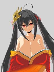 Rule 34 | 1girl, ahoge, arm under breasts, azur lane, bare shoulders, black hair, breasts, cleavage, closed mouth, collarbone, crossed bangs, edobox, grey background, hair between eyes, huge breasts, japanese clothes, kimono, long hair, long sleeves, looking at viewer, mask, mask on head, off shoulder, red eyes, red kimono, ribbon, simple background, smile, solo, striped ribbon, taihou (azur lane), very long hair, wide sleeves