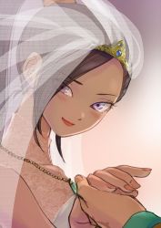 Rule 34 | 1boy, 1girl, blush, bridal veil, collarbone, commentary request, dragon quest, dragon quest xi, hero (dq11), high ponytail, highres, holding hands, lipstick, long hair, makeup, martina (dq11), necktie, pekuchin (pekuchin 3), ponytail, pov, pov hands, purple eyes, purple hair, red lips, smile, solo focus, upper body, veil