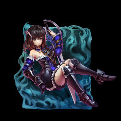 Rule 34 | 1girl, armor, asymmetrical clothes, bad id, bad pixiv id, bj (bingp331), black background, black eyes, black hair, bloodstained: ritual of the night, dress, frills, greaves, horns, miriam (bloodstained), smile, solo, sword, weapon