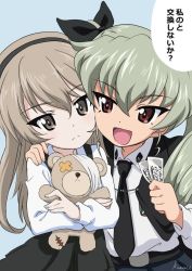 Rule 34 | 2girls, :d, anchovy (girls und panzer), anzio school uniform, arm around shoulder, artist name, bad id, bad twitter id, belt, black belt, black cape, black neckwear, black ribbon, black skirt, blue background, boko (girls und panzer), bow, bowtie, bribery, brown eyes, cape, casual, closed mouth, collared shirt, commentary, dress shirt, drill hair, emblem, face-to-face, frown, girls und panzer, green hair, hair ribbon, holding, holding stuffed toy, kanau, light brown hair, long hair, long sleeves, looking at viewer, multiple girls, necktie, open mouth, red eyes, ribbon, school uniform, shimada arisu, shirt, side-by-side, signature, simple background, skirt, smile, standing, stuffed animal, stuffed toy, suspender skirt, suspenders, teddy bear, ticket, translated, twin drills, twintails, white shirt