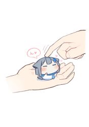 Rule 34 | 1girl, 1other, absurdres, animal ears, blue archive, blue scarf, blush, chibi, closed eyes, closed mouth, commentary request, cross hair ornament, grey hair, hair ornament, hand on another&#039;s head, headpat, heart, highres, in palm, mini person, minigirl, no halo, scarf, shiroko (blue archive), simple background, sitting on hand, smile, tail, translation request, urode, white background, wolf ears, wolf tail
