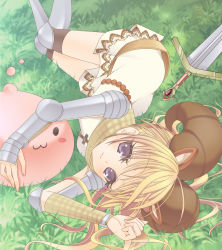 Rule 34 | 1girl, :3, animal ears, armor, armored boots, blonde hair, blush, boots, breastplate, brown socks, closed mouth, commentary request, cross, dress, fake horns, feet out of frame, grass, hair between eyes, horned headwear, horns, kneehighs, knight (ragnarok online), long hair, looking at viewer, lying, nia (littlestars), on ground, on side, pauldrons, poring, purple eyes, ragnarok online, shoulder armor, slime (creature), smile, socks, sword, vambraces, weapon, white dress