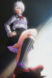 Rule 34 | 10s, 1girl, black socks, bow, bowtie, breasts, chartreux westia, colored eyelashes, femdom, foot on head, from below, hair over one eye, highres, kishuku gakkou no juliet, kneehighs, legwear garter, looking at viewer, nail polish, open mouth, pinstripe legwear, pinstripe pattern, shirt tucked in, skirt, smile, socks, solo, solo focus, stepped on, striped bow, striped bowtie, striped clothes, tiara, white hair, yellow eyes