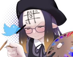 Rule 34 | 1girl, amejaga, angry, beret, big forehead, blush, body writing, bow, closed eyes, crying, drawing on another&#039;s face, ears down, embarrassed, forehead, frown, furrowed brow, glasses, hat, highres, holding, holding paintbrush, holding palette, hololive, hololive english, mole, mole under eye, multicolored hair, ninomae ina&#039;nis, ninomae ina&#039;nis (casual), orange hair, paintbrush, palette (object), pointy ears, purple hair, shirt, solo, striped clothes, striped shirt, tentacle hair, tic-tac-toe, twitter bird, virtual youtuber