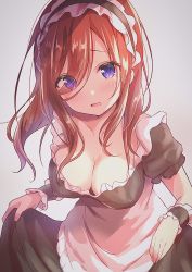 Rule 34 | 1girl, :d, alternate costume, amedamacon, apron, black dress, black hairband, blush, breasts, brown hair, cleavage, commentary request, dress, enmaided, eyes visible through hair, frilled apron, frilled dress, frilled hairband, frills, go-toubun no hanayome, grey background, hair over one eye, hairband, highres, long hair, looking at viewer, maid, medium breasts, nakano miku, open mouth, puffy short sleeves, puffy sleeves, purple eyes, short sleeves, simple background, smile, solo, waist apron, white apron, wrist cuffs