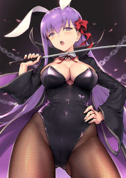 Rule 34 | 1girl, animal ears, bb (fate), bb (fate/extra), blush, bow, breasts, cameltoe, chain, cleavage, covered navel, detached collar, fake animal ears, fate/extra, fate/extra ccc, fate (series), fingernails, fishnet pantyhose, fishnets, groin, hair bow, hand on own hip, haoni, high collar, large breasts, leotard, light purple hair, long fingernails, long hair, open mouth, pantyhose, playboy bunny, purple eyes, rabbit ears, red bow, solo, strapless, strapless leotard, very long hair, wand, wide sleeves