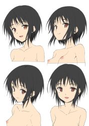 Rule 34 | 1girl, black hair, breasts, brown eyes, closed mouth, collarbone, expressions, facial expressions, mole, mole under eye, multiple views, nipples, nude, open mouth, original, portrait, rasahan, short hair with long locks, sketch, small breasts, smile, upper body