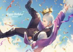 Rule 34 | 1boy, belt, black vest, blue sky, blush, buzz cut, coin, confetti, crown, day, facial hair, foxvulpine, full-face blush, goatee, gold coin, golden kamuy, grey hair, hand in pocket, happy birthday, jacket, long sideburns, looking at viewer, male focus, midair, outstretched arm, purple jacket, shiraishi yoshitake, shirt, short hair, sideburns, sideways glance, sky, smile, solo, spread legs, v, very short hair, vest, white shirt