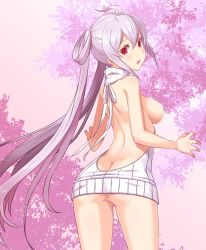 Rule 34 | 1girl, :o, ahoge, alternate costume, ass, back, backless outfit, bare arms, bare shoulders, blush, body blush, breasts, breasts out, cherry blossoms, cleft of venus, cowboy shot, eyelashes, from behind, hair between eyes, hair rings, highres, hou (hachiyou), legs apart, long hair, looking back, matoi (pso2), medium breasts, meme attire, nipples, no panties, open mouth, phantasy star, phantasy star online 2, pink hair, pussy, red eyes, shiny skin, shoulder blades, sidelocks, sleeveless, sleeveless turtleneck, solo, standing, sweater, turtleneck, twintails, uncensored, very long hair, virgin killer sweater, white sweater