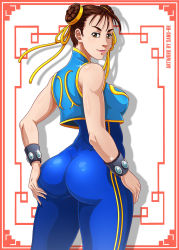 Rule 34 | 1girl, alternate costume, artist name, ass, ass grab, breasts, brown eyes, brown hair, capcom, chun-li, curvy, double bun, hair bun, hair ribbon, highres, huge ass, lipstick, looking at viewer, looking back, makeup, ribbon, sano br, shiny clothes, smile, street fighter, street fighter zero (series), studded bracelet, thick thighs, thighs