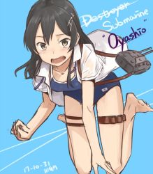 Rule 34 | 1girl, artist name, black hair, blue background, brown eyes, character name, competition school swimsuit, dated, dress shirt, fang, full body, hair ornament, hairclip, japanese flag, kantai collection, kawashina (momen silicon), long hair, looking at viewer, one-piece swimsuit, open clothes, open shirt, oyashio (kancolle), school swimsuit, shirt, short sleeves, simple background, solo, swimsuit