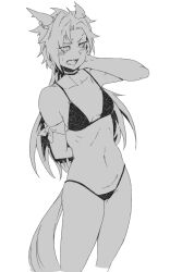 Rule 34 | 1girl, air shakur (umamusume), alternate costume, animal ears, arm up, armband, arms behind back, bikini, black bikini, blush, breasts, choker, collarbone, commentary request, cowboy shot, ear ornament, ear piercing, eyebrow piercing, hand on own neck, horse ears, horse girl, horse tail, long hair, minew, navel, open mouth, piercing, simple background, small breasts, solo, swimsuit, tail, umamusume, white background