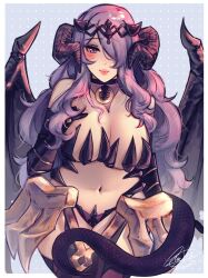 Rule 34 | 1girl, alternate costume, bare shoulders, blush, breasts, camilla (fire emblem), cleavage, dragon girl, dragon horns, dragon tail, fake horns, fire emblem, fire emblem fates, hair over one eye, hand on own chest, highres, hinahaii, horns, large breasts, long hair, looking at viewer, nintendo, purple eyes, purple hair, smile, solo, tail, tiara, very long hair, wavy hair, wide hips, wings