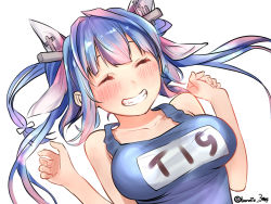 Rule 34 | 10s, 1girl, baffu, bare shoulders, blue hair, blush, breasts, collarbone, closed eyes, gradient hair, grin, hair ribbon, hands up, highres, i-19 (kancolle), kantai collection, large breasts, long hair, multicolored hair, name tag, one-piece swimsuit, pink hair, ribbon, school swimsuit, simple background, smile, solo, swimsuit, tri tails, twintails, twitter username, upper body, white background