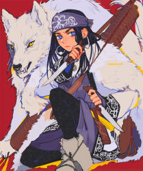 Rule 34 | 1girl, ainu, ainu clothes, artist name, asirpa, bag, bandana, black hair, black pants, blue bandana, blue eyes, boots, bow (weapon), cape, closed mouth, commentary, ear piercing, earrings, eyebrows, fangs, fur cape, golden kamuy, holding, holding knife, holding weapon, hoop earrings, jewelry, knife, kokirikiwi, lips, long hair, long sleeves, looking at viewer, pants, piercing, quiver, red background, retar, sheath, simple background, sitting, teeth, weapon, weapon on back, white cape, white footwear, white wolf, wolf, yellow eyes