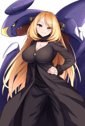 Rule 34 | 1girl, alternate breast size, blonde hair, blush, breasts, cleavage, closed mouth, coat, commentary, creatures (company), cynthia (pokemon), eyelashes, fur-trimmed coat, fur collar, fur trim, game freak, garchomp, gen 4 pokemon, hair ornament, hand on own hip, highres, long hair, long sleeves, looking at viewer, nintendo, pants, pokemon, pokemon (creature), pokemon dppt, shiraiwa usagi, shirt, smile, white background, yellow eyes