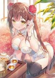 Rule 34 | 1girl, :q, bamboo steamer, baozi, bare arms, bare shoulders, black thighhighs, bracelet, breasts, brown hair, bun cover, china dress, chinese clothes, cleavage, closed mouth, clothing cutout, cup, double bun, dress, earrings, food, gold trim, hair bun, hair ornament, hairclip, hand up, highres, jewelry, kneeling, large breasts, lattice, long hair, looking at viewer, miwabe sakura, no panties, no shoes, original, pelvic curtain, pillow, sitting, skindentation, sleeveless, sleeveless dress, smile, solo, table, teacup, teapot, thighhighs, thighs, tongue, tongue out, transparent, twintails, very long hair, white dress, wooden table, yellow eyes