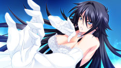 Rule 34 | 1girl, angry, bare shoulders, blue background, blue eyes, breasts, bridal veil, bride, cleavage, clenched teeth, dress, earrings, elbow gloves, game cg, gloves, jewelry, large breasts, looking away, mikoshi matsuri, simple background, solo, standing, teeth, tsujidou-san no virgin road, tsujidou ai, veil, wedding dress