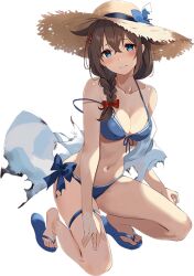 Rule 34 | 1girl, barefoot, bikini, blue bikini, blue eyes, blush, braid, breasts, brown hair, brown hat, cleavage, closed mouth, full body, hair between eyes, hat, jacket, kantai collection, kujou ichiso, large breasts, long hair, looking at viewer, official art, open clothes, open jacket, sandals, shigure (kancolle), shigure kai san (kancolle), single braid, solo, straw hat, swimsuit, thigh strap, torn clothes, torn jacket, transparent background, white jacket