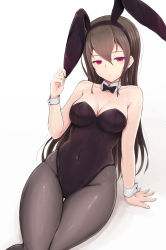 Rule 34 | 1girl, absurdres, animal ears, arm support, bare shoulders, black bow, black bowtie, black hairband, black leotard, blush, bow, bowtie, breasts, brown hair, brown pantyhose, cleavage, closed mouth, collar, collarbone, commentary request, covered navel, detached collar, eyebrows hidden by hair, fake animal ears, fingernails, gluteal fold, groin, hair between eyes, hairband, highleg, highleg leotard, highres, leotard, long hair, medium breasts, original, pantyhose, playboy bunny, rabbit ears, red eyes, simple background, solo, temari rin, thigh gap, very long hair, white background, white collar, wing collar, wrist cuffs