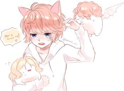 Rule 34 | 10s, 1girl, 2boys, anger vein, animal ears, annoyed, arm up, bat wings, blonde hair, blue eyes, carrying, cat ears, child, closed mouth, creature, diabolik lovers, english text, closed eyes, flying sweatdrops, frown, hood, hoodie, jitome, komori yui, manmosu, multiple boys, multiple persona, open mouth, rejet, sakamaki shuu, simple background, text focus, upper body, white background, wings, aged down