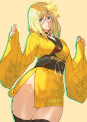 Rule 34 | 1girl, absurdres, ashiomi masato, black choker, black thighhighs, blue eyes, breasts, choker, collarbone, commentary request, floral print, flower, guilty gear, guilty gear xrd, hair flower, hair ornament, highres, japanese clothes, kimono, legs together, medium breasts, medium hair, millia rage, new year, no panties, obi, rose, sash, short kimono, side slit, sleeves past wrists, smile, solo, thick thighs, thighhighs, thighs, wide sleeves, yellow flower, yellow rose