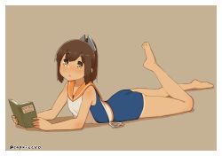 Rule 34 | 10s, 1girl, barefoot, book, brown eyes, brown hair, capriccyo, full body, hair ornament, hairclip, highres, i-401 (kancolle), kantai collection, lying, on stomach, one-piece swimsuit, ponytail, sailor collar, school swimsuit, short hair, simple background, solo, swimsuit, swimsuit under clothes, tan, tanline, text focus, twitter username