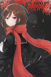 Rule 34 | 1girl, black sailor collar, black serafuku, black skirt, blurry, bokeh, brown hair, depth of field, enpera, floating scarf, flower, from side, grey background, hair between eyes, hair ornament, hairpin, highres, kaerino24, kagerou project, light frown, long hair, long sleeves, looking to the side, mekakucity actors, multiple hairpins, neckerchief, petals, pleated skirt, red eyes, red flower, red scarf, sailor collar, scarf, school uniform, serafuku, skirt, sleeve cuffs, solo, spider lily, tateyama ayano, twitter username, white neckerchief