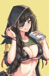 Rule 34 | 1girl, adapted costume, armband, bikini, black bikini, black hair, blonde hair, blush, braid, breasts, cenangam, cleavage, clothes lift, collarbone, eyepatch, flask, girls&#039; frontline, holding, holding flask, hood, hood up, hooded jacket, jacket, large breasts, licking lips, long hair, looking at viewer, m16a1 (girls&#039; frontline), mole, mole on breast, mole under eye, multicolored hair, navel, open clothes, open jacket, scar, shirt lift, simple background, sleeves rolled up, solo, stomach, streaked hair, swimsuit, tank top, tongue, tongue out, wristband, yellow background