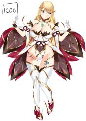 Rule 34 | 1girl, blonde hair, breasts, chest jewel, cleavage, commission, cosplay, detached sleeves, highleg, highleg leotard, highres, icoo, large breasts, leotard, long hair, mythra (xenoblade), nia (blade) (xenoblade), nia (blade) (xenoblade) (cosplay), nia (xenoblade), nia (xenoblade) (cosplay), simple background, solo, swept bangs, thighhighs, very long hair, white background, xenoblade chronicles (series), xenoblade chronicles 2, yellow eyes
