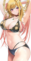 Rule 34 | 1girl, armpits, arms behind head, arms up, bikini, blonde hair, breasts, choker, duplicate, highres, jewelry, kitagawa marin, large breasts, long hair, looking at viewer, navel, necklace, oidoden2535, piercing, pink eyes, pixel-perfect duplicate, presenting armpit, simple background, smile, solo, sono bisque doll wa koi wo suru, swimsuit