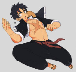 Rule 34 | 1boy, akr29, bare pectorals, belt, black eyes, black hair, black jacket, black pants, chinese clothes, cropped jacket, facial scar, full body, grey background, hat, hat on back, highres, jacket, jumping, looking ahead, male focus, martial arts, martial arts belt, monkey d. luffy, navel, nipples, one piece, open clothes, open mouth, pants, pectorals, red belt, sandals, scar, scar on cheek, scar on chest, scar on face, short hair, simple background, solo, straw hat, toned, toned male