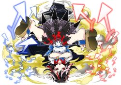 Rule 34 | 1girl, :p, arrow (projectile), black hair, cone horns, crossed arms, danmaku, dress, full body, grey horns, horns, izuna nie, kijin seija, looking at viewer, multicolored hair, puffy sleeves, red eyes, red hair, ribbon, sandals, sash, short hair, short sleeves, solo, tongue, tongue out, touhou, upside-down, white background, white hair