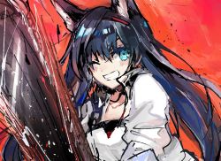 Rule 34 | 1girl, ;d, animal ears, aqua eyes, arknights, black hair, blaze (arknights), blush, cat ears, chainsaw, female focus, grin, hairband, jacket, long hair, looking at viewer, one eye closed, open clothes, open jacket, open mouth, parted lips, power tool, red hairband, shirt, smile, solo, umesasami, upper body, v-shaped eyebrows, very long hair, weapon, white jacket, white shirt