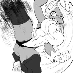 Rule 34 | 1girl, absurdres, boku no hero academia, breasts, clenched hand, clenched teeth, commentary, covered navel, dark-skinned female, dark skin, floating hair, frown, gloves, greyscale, half-closed eye, hand up, heattech leotard, highres, kicking, large breasts, leg up, leotard, long hair, mirko, monochrome, motion blur, rye (hyn uka), solo, spread legs, teeth, thighhighs, toned, turtleneck, very long hair, wide-eyed