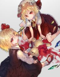 Rule 34 | 2girls, ascot, barefoot, black skirt, blonde hair, blood, fang, flandre scarlet, hair ribbon, hat, hat ribbon, highres, leaning forward, looking at viewer, mary janes, mob cap, multiple girls, open mouth, red ascot, red eyes, red footwear, red ribbon, red skirt, ribbon, rumia, shoes, sitting, skirt, skirt set, socks, stuffed animal, stuffed toy, teddy bear, touhou, u u zan, vest, white hat, white legwear, wings, yellow ascot