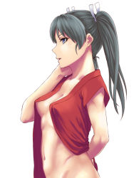 Rule 34 | 10s, 1girl, arm behind back, blue eyes, breasts, commentary request, covered erect nipples, from side, grey eyes, grey hair, hair ribbon, hand on own face, ishii hisao, kantai collection, long hair, naked shirt, navel, no, no bra, open clothes, open shirt, parted lips, profile, ribbon, shirt, short sleeves, sideboob, simple background, solo, twintails, white background, zuikaku (kancolle)