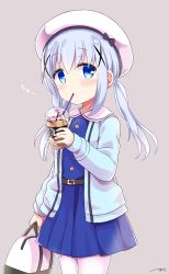 Rule 34 | 1girl, arm at side, bag, belt, belt buckle, beret, blue dress, blue eyes, blue hair, blue jacket, blush, buckle, buttons, collared dress, commentary request, cowboy shot, cup, disposable cup, dress, drink, drinking, drinking straw, gochuumon wa usagi desu ka?, grey background, hair ornament, hairclip, handbag, hat, highres, himarisu (hida mari), holding, holding bag, holding cup, jacket, kafuu chino, logo, long hair, long sleeves, looking at viewer, low twintails, open clothes, open jacket, sidelocks, signature, simple background, solo, thighhighs, twintails, whipped cream, white hat, white thighhighs, x hair ornament