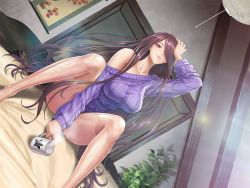 Rule 34 | 1girl, action taimanin, ass, bed, bedroom, breasts, casual, coffee mug, cup, fuuma saika, game cg, large breasts, lilith-soft, long hair, looking at viewer, mechanical parts, mole, mug, on bed, sitting, smile, solo, spread legs, sweater, taimanin (series), taimanin asagi, twintails, very long hair, zol