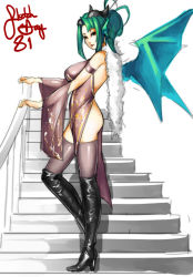 Rule 34 | 1girl, armlet, ass, bat wings, boots, breasts, china dress, chinese clothes, colorized, demon girl, detached sleeves, dress, eu03, formal, green hair, hair ornament, hair up, high heels, horns, knee boots, large breasts, leather, leather boots, no panties, original, shoes, side slit, solo, stairs, strapless, strapless dress, thighhighs, wide sleeves, wings