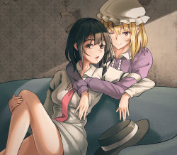 Rule 34 | 2girls, ;), bare legs, black hair, black hat, blonde hair, bow, breasts, brown eyes, center frills, commentary request, couch, dress, fedora, feet out of frame, frills, hair between eyes, hair bow, hat, highres, indoors, joeychen, juliet sleeves, knee up, long sleeves, looking at viewer, maribel hearn, medium breasts, mob cap, multiple girls, necktie, no pants, one eye closed, open mouth, puffy sleeves, purple dress, purple eyes, red neckwear, shadow, shirt, short hair, sidelocks, sitting, smile, thighs, touhou, unworn hat, unworn headwear, upper body, usami renko, white bow, white hat, white shirt, wing collar, yuri
