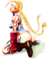 Rule 34 | 1girl, ass, bare shoulders, biceps, blonde hair, blue eyes, braid, breasts, cammy white, capcom, female focus, fingerless gloves, full body, gloves, gradient background, leotard, muscular, shopyun, solo, street fighter, twin braids, white background